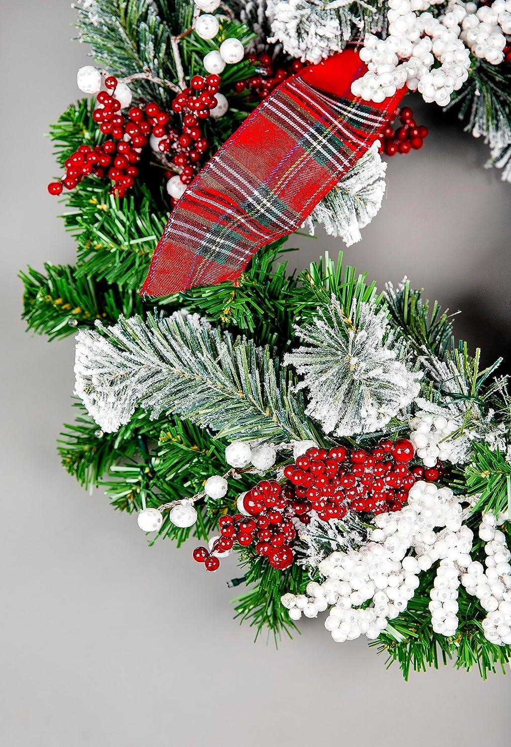 60cm Pre-lit Frosted/Tartan Ribbon Wreath with 50 Warm White LEDs