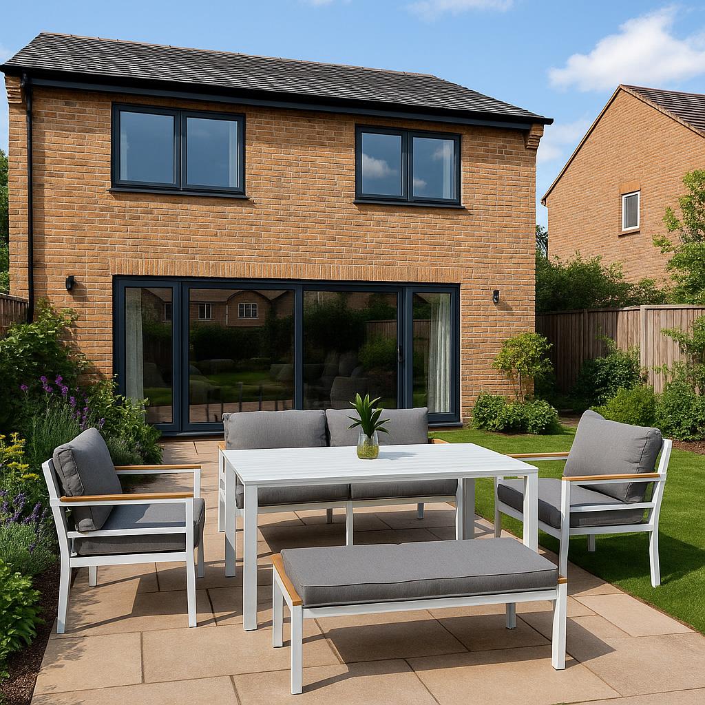 6 Seater Outdoor Garden Sofa Set - Aluminium 5Pcs Garden Furniture Set - White