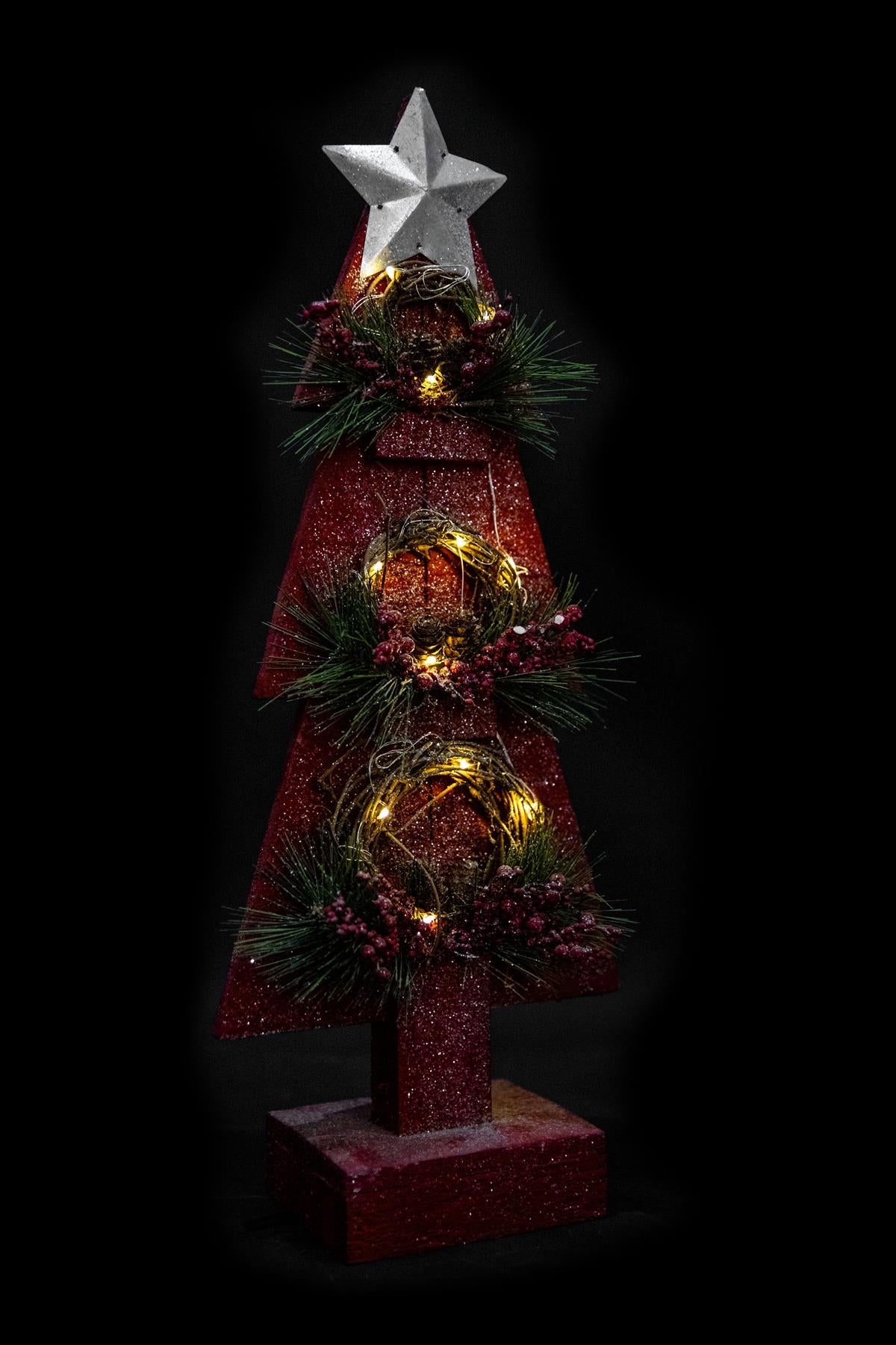 Red Wooden Tree with Bulbs - 25x10x80cm