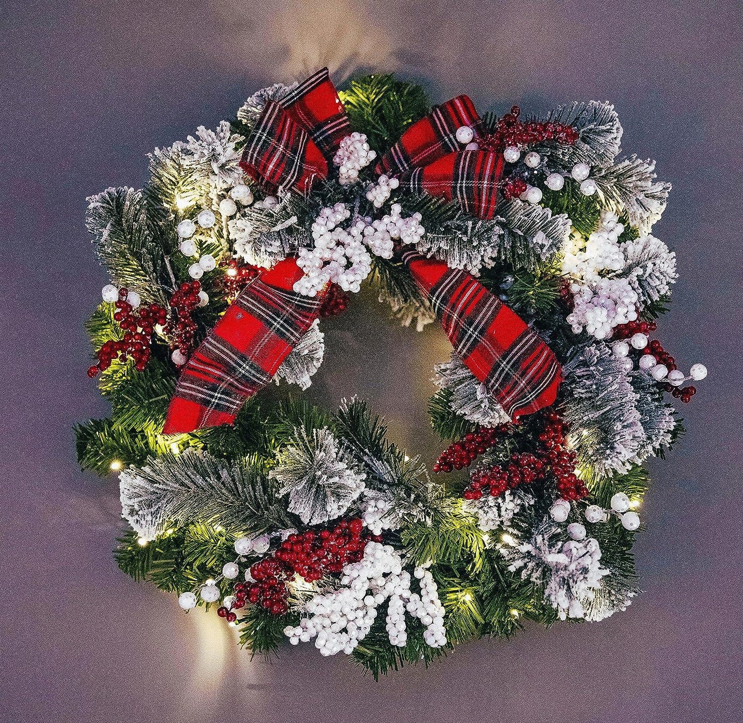 60cm Pre-lit Frosted/Tartan Ribbon Wreath with 50 Warm White LEDs