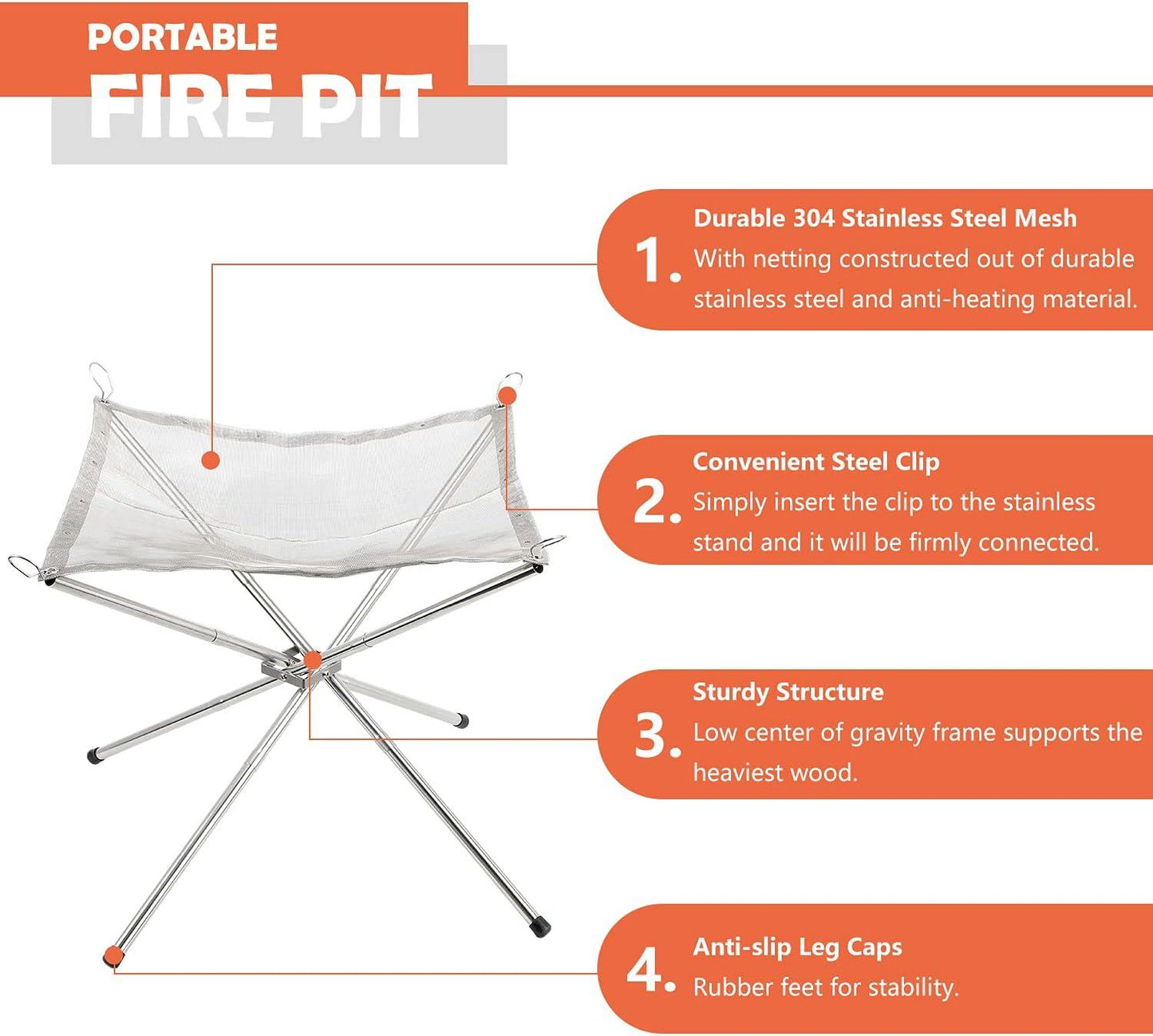 Foldable Stainless Steel Mesh Fire Pit - 42x42x34cm