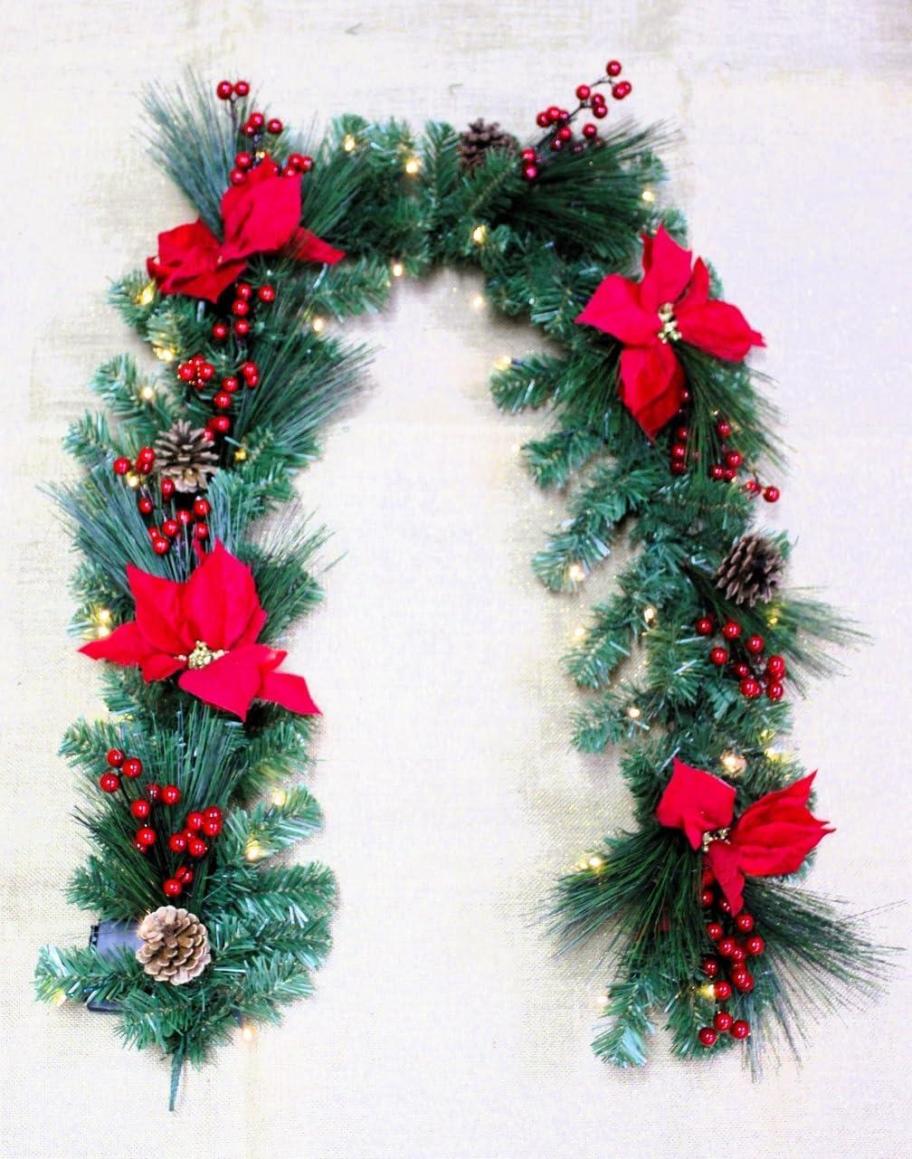 2m Pre-Lit Red Poinsettia Garland with 50 Warm White LEDs