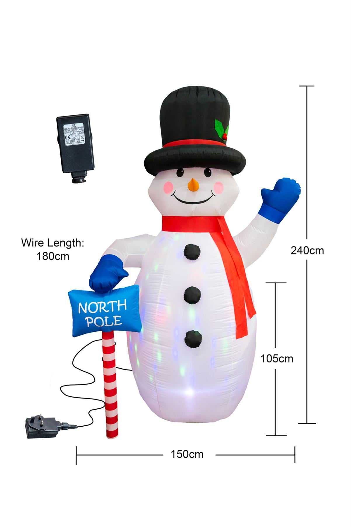 Pre-Lit North Pole Snowman - Mains Powered, 2.4m with 4 LED Lights