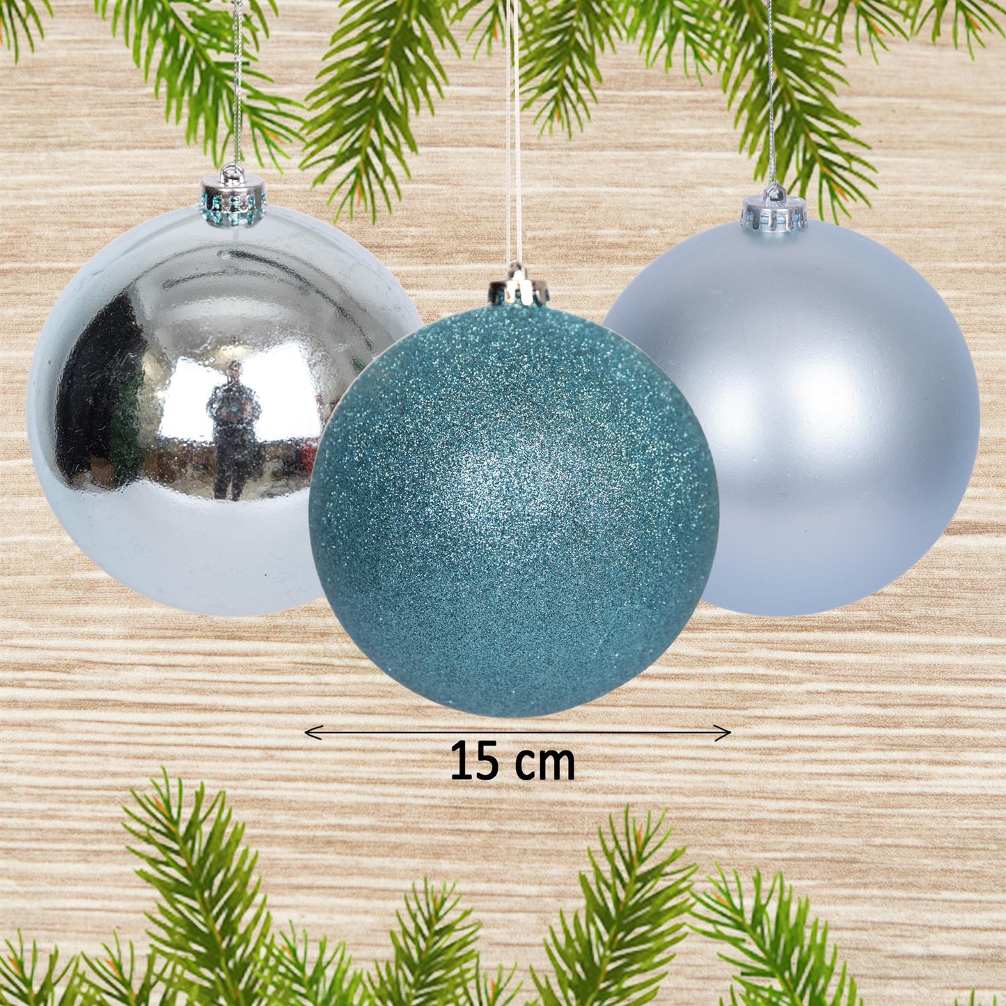 3 Light Blue Baubles (15cm)