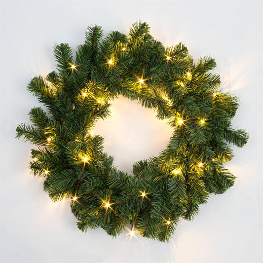 Pre-Lit Warm White LEDs Alaskan Pine Green Wreath - 55cm