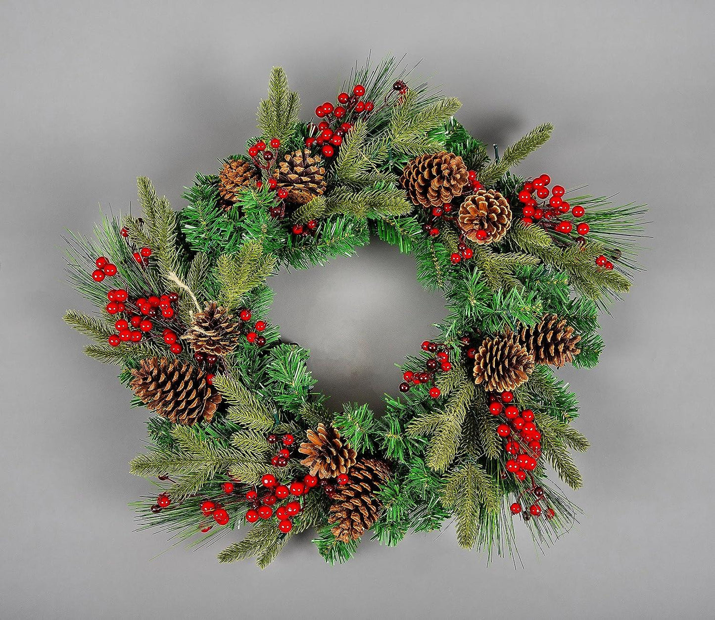 60cm Battery-Operated Pre-Lit Berry & Cone Wreath - 50 Warm White LEDs