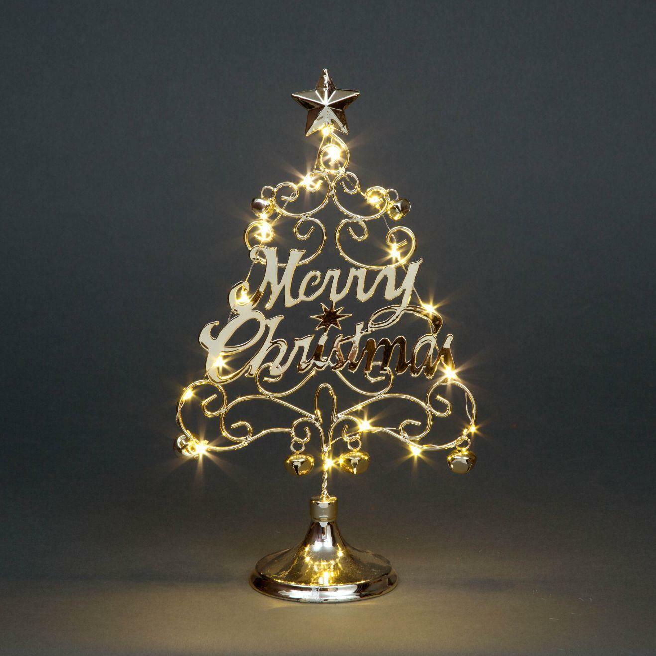 17.5 Inch Pre-Lit LED Merry Christmas Table Top Tree - Silver with Bells