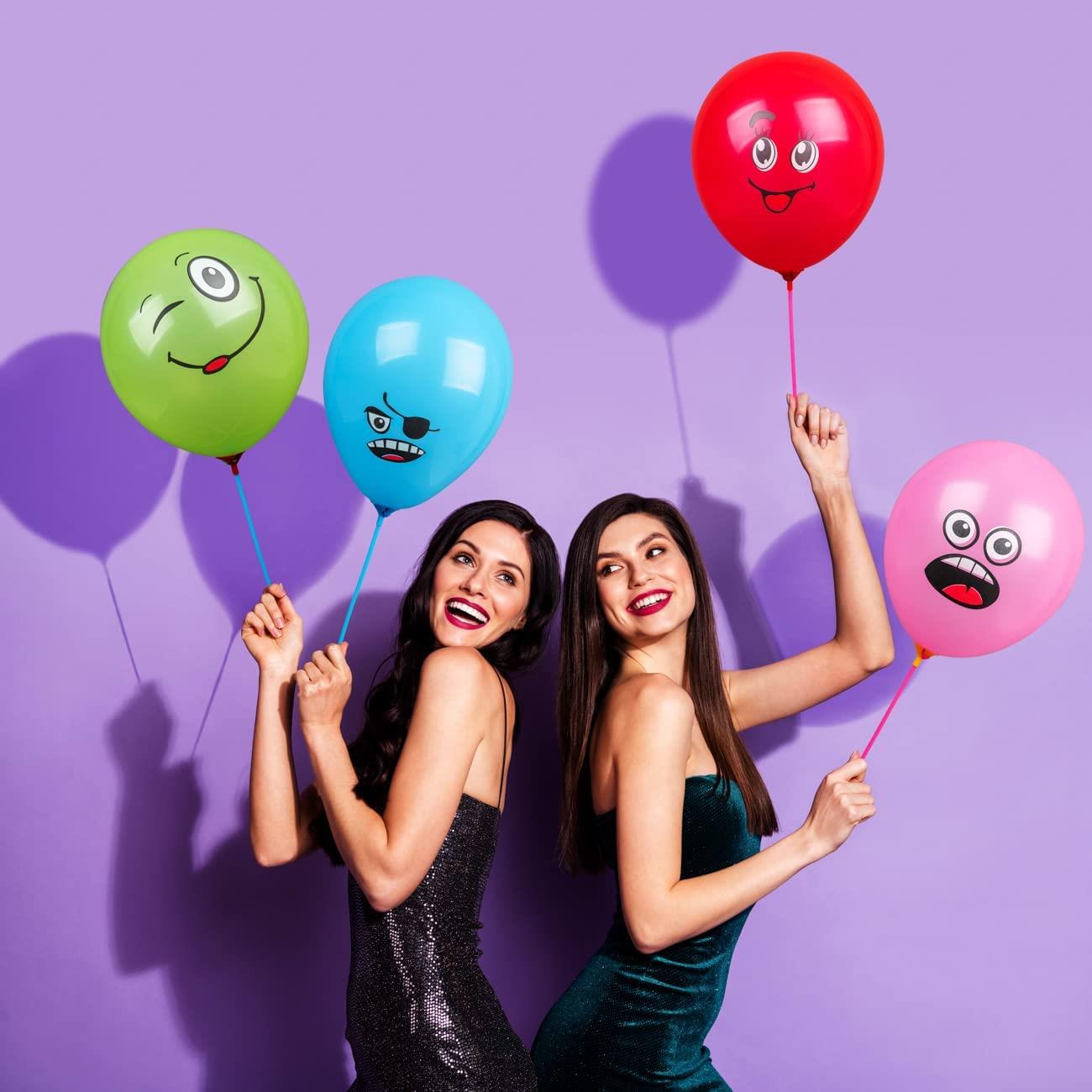100 Pcs Emoji Balloons Assorted Latex 12" - with 100 Sticks