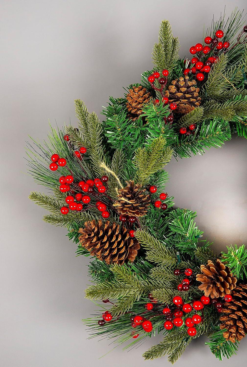 60cm Battery-Operated Pre-Lit Berry & Cone Wreath - 50 Warm White LEDs