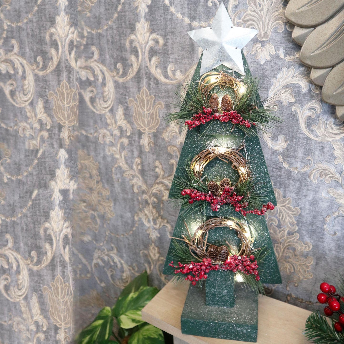 Green Wooden Tree with Warm White Bulbs, 25x10x80cm