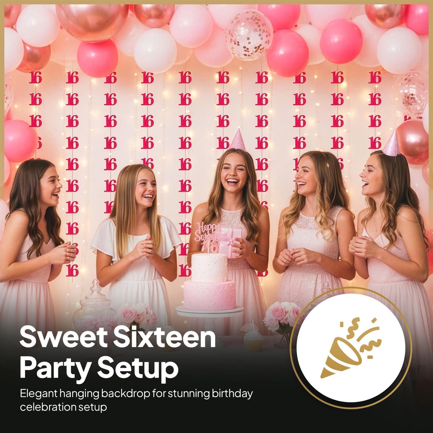 Shatchi 16th Glitz Pink Foil Hanging String Party Decorations Pack of 6