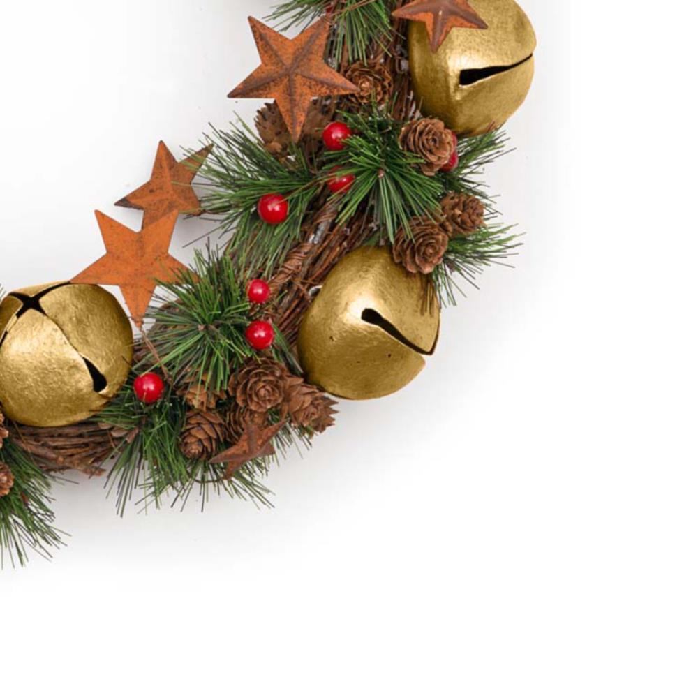Jingle Bell Wreath - 40cm, Gold Bells, Stars, Pinecones, and Red Berries