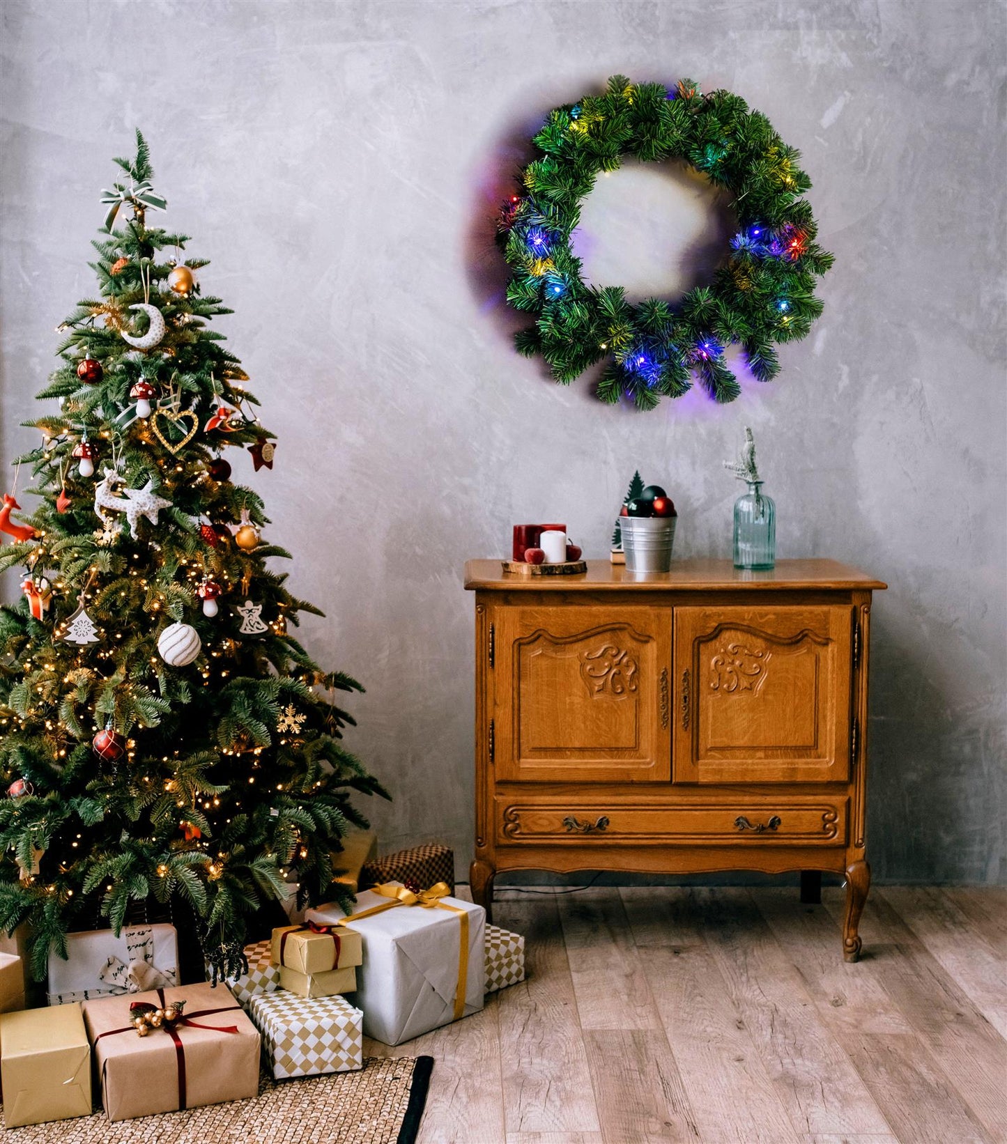 55cm Pre-Lit Green Wreath with Multicolor LEDs