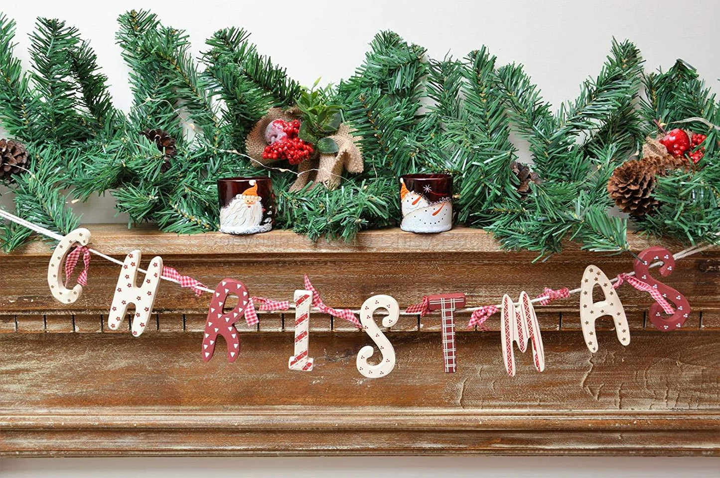Christmas Wooden Garland Red White Vintage