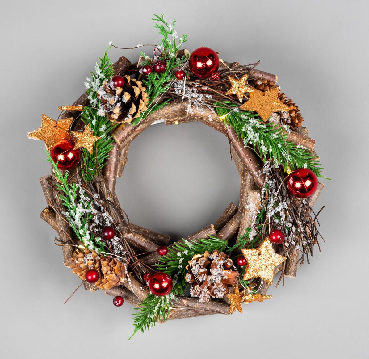 22cm LED Twig Wreath - Red/Brown