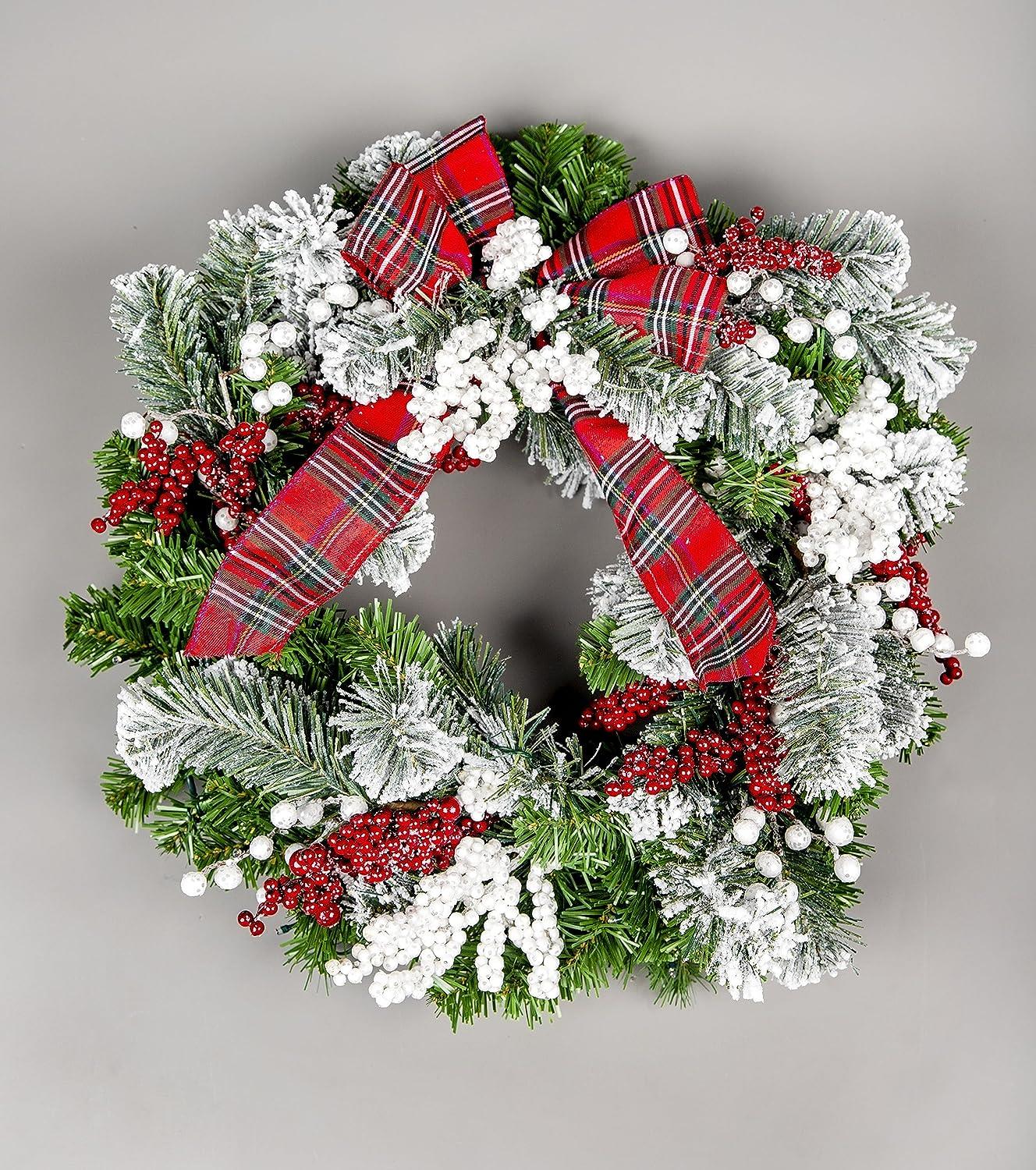60cm Pre-lit Frosted/Tartan Ribbon Wreath with 50 Warm White LEDs