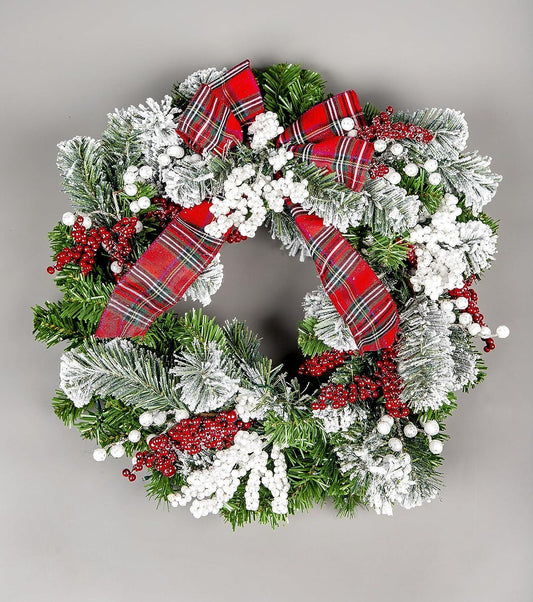 60cm Pre-lit Frosted/Tartan Ribbon Wreath with 50 Warm White LEDs