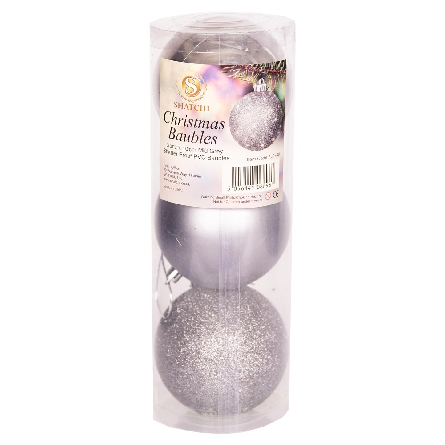 Set of 6 Mid Grey 10cm Baubles (PVC)