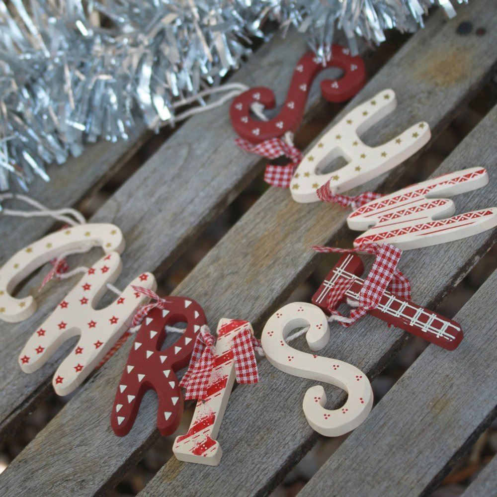 Christmas Wooden Garland Red White Vintage