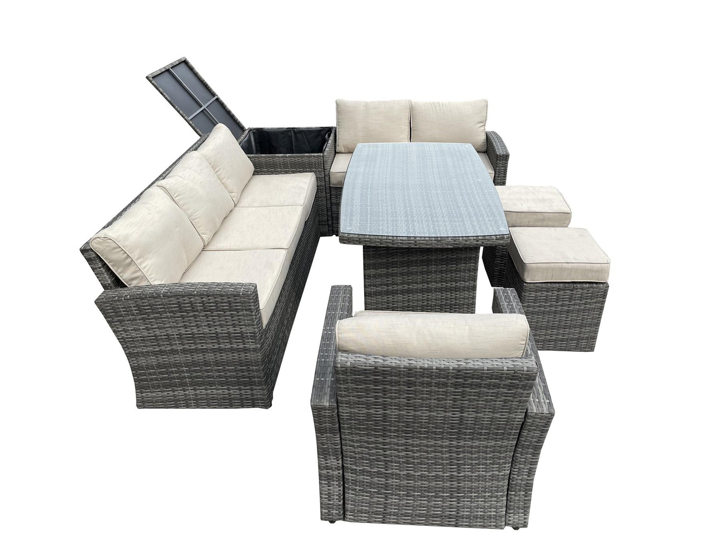 Grey Rattan Furniture Set (3 Seater Sofa, 2 Seater Sofa, 2 Stools, 1 Table, 1 Chair, 1 Storage Box)
