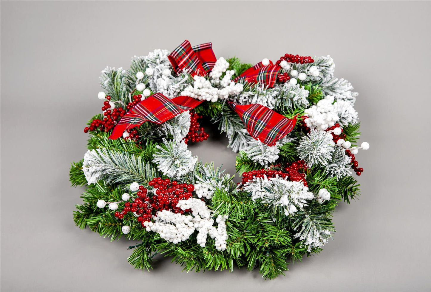 60cm Pre-lit Frosted/Tartan Ribbon Wreath with 50 Warm White LEDs