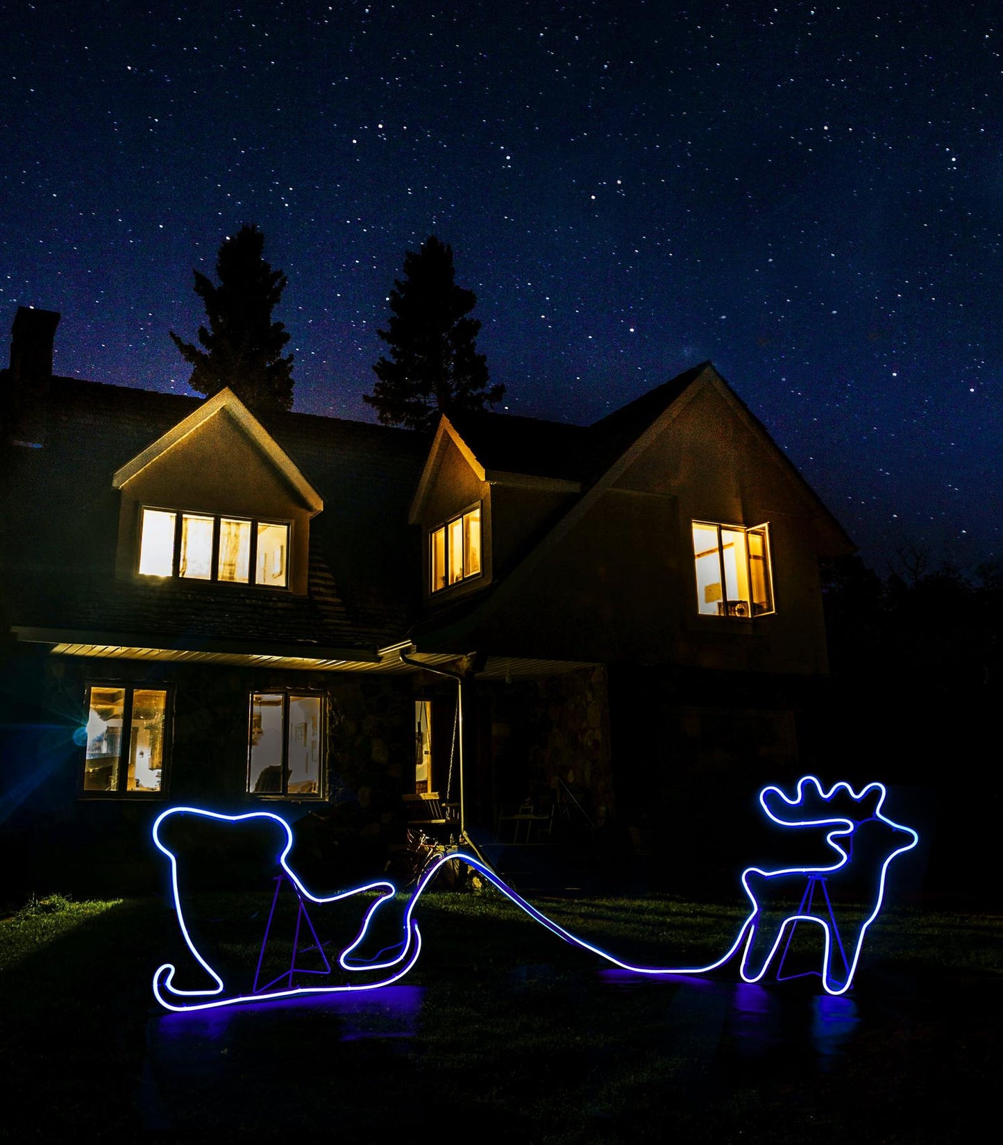 Reindeer 30x40cm & Sleigh 30x45cm Rope Light Silhouette Blue