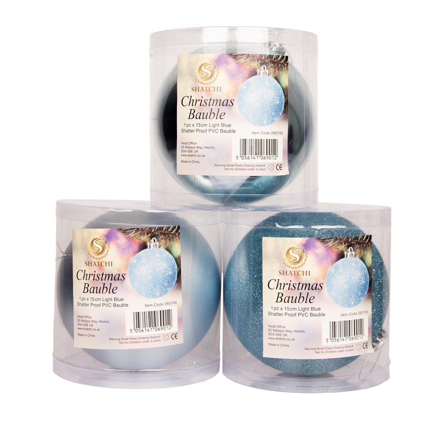 3 Light Blue Baubles (15cm)