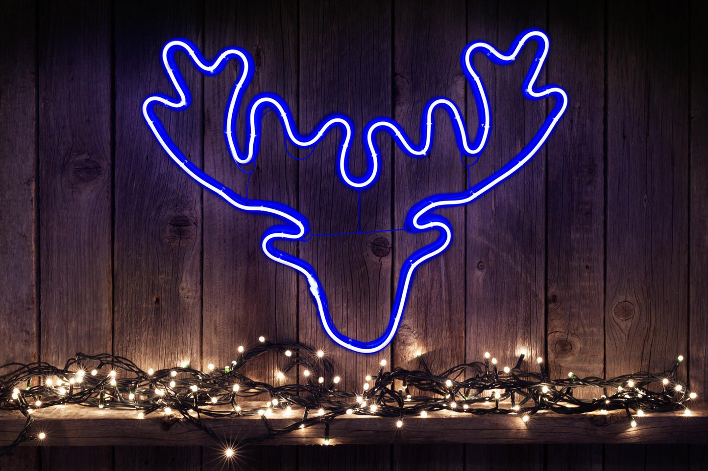 Blue Stag Head Rope Light Silhouette - 46cm x 65cm