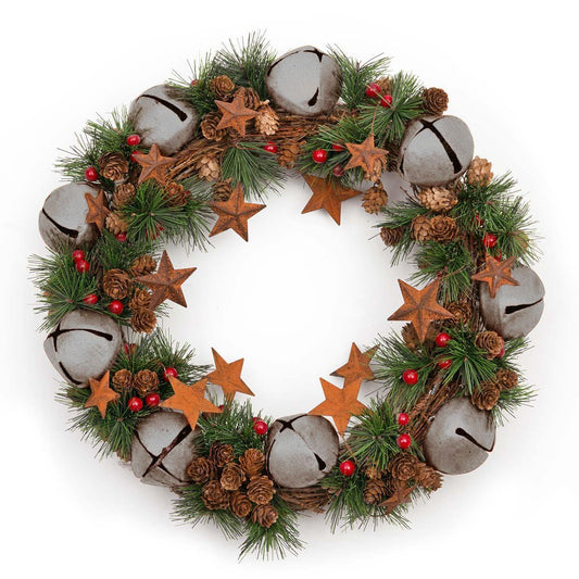 Jingle Bell Wreath - Silver Bells Stars Pinecones and Red Berries 40cm