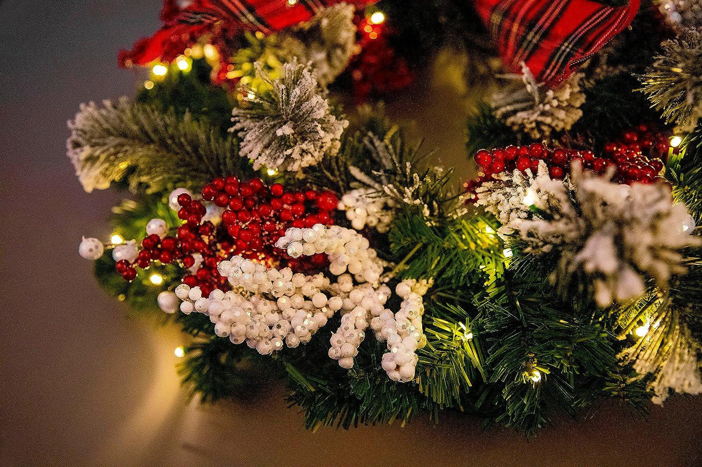 60cm Pre-lit Frosted/Tartan Ribbon Wreath with 50 Warm White LEDs