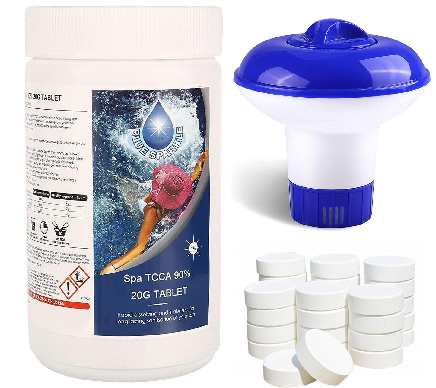 1Kg 90% Chlorine Tablets Slow Release with Floating Dispenser 50 x 20g Kit
