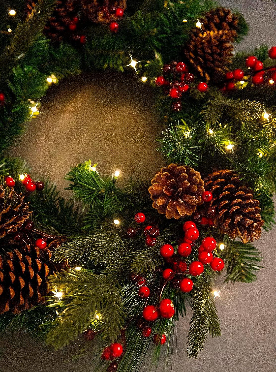 60cm Battery-Operated Pre-Lit Berry & Cone Wreath - 50 Warm White LEDs