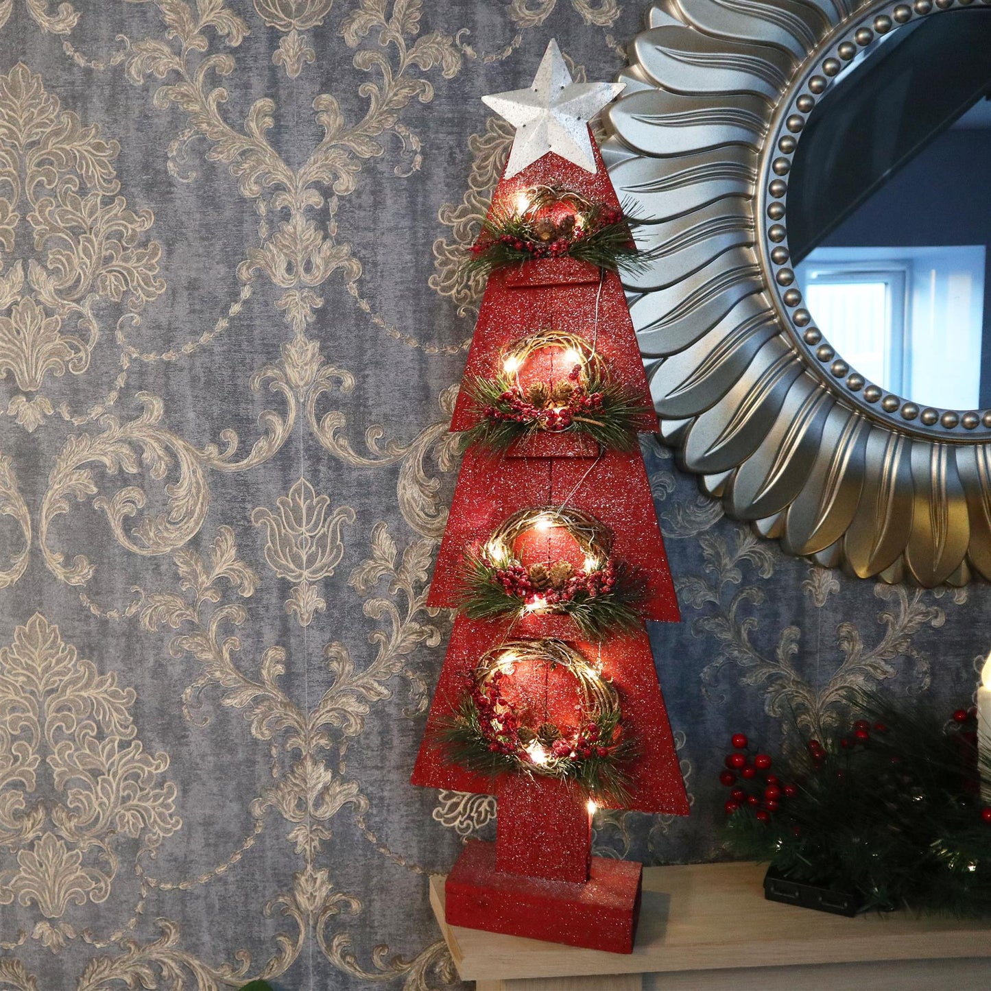 Red Wooden Tree with Bulbs - 25x10x80cm