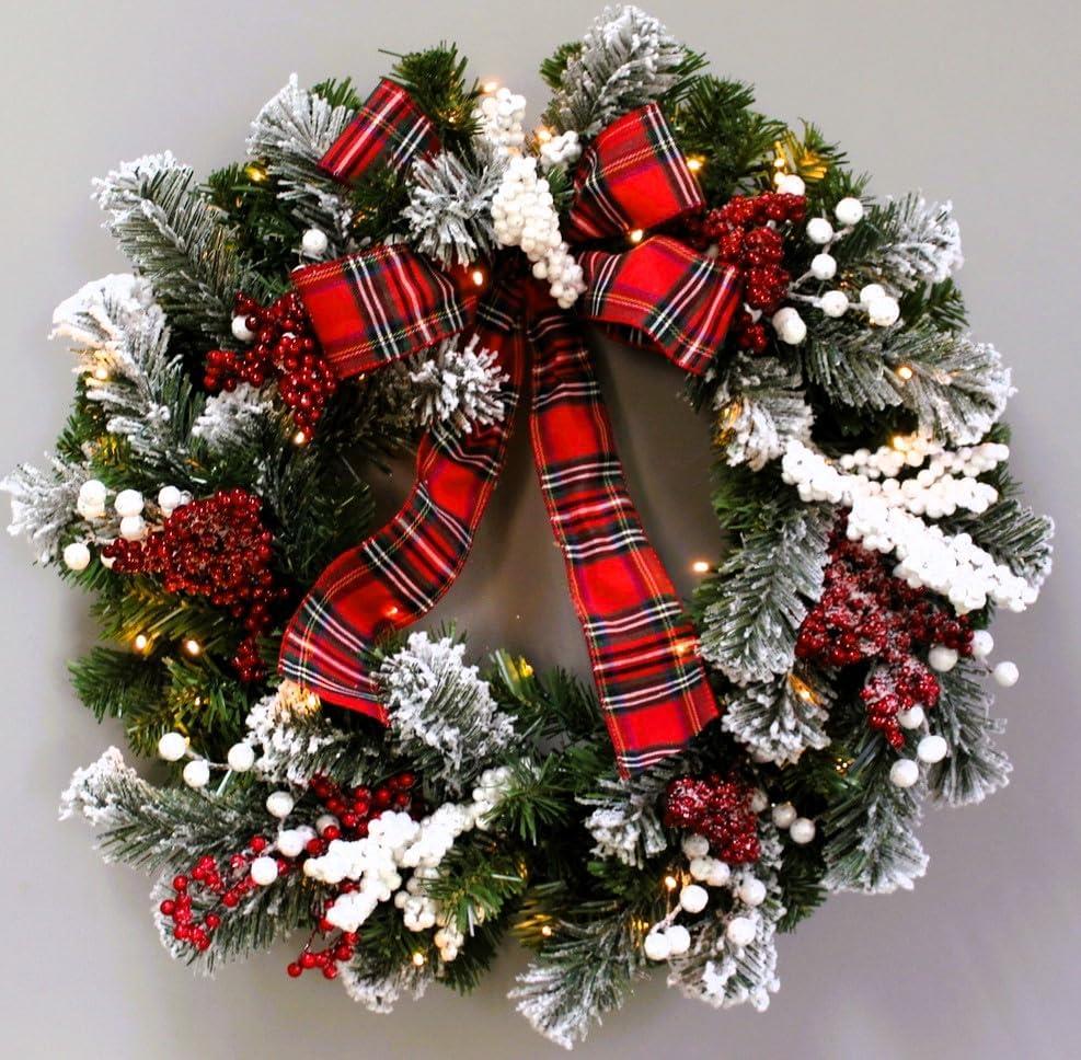 60cm Pre-lit Frosted/Tartan Ribbon Wreath with 50 Warm White LEDs