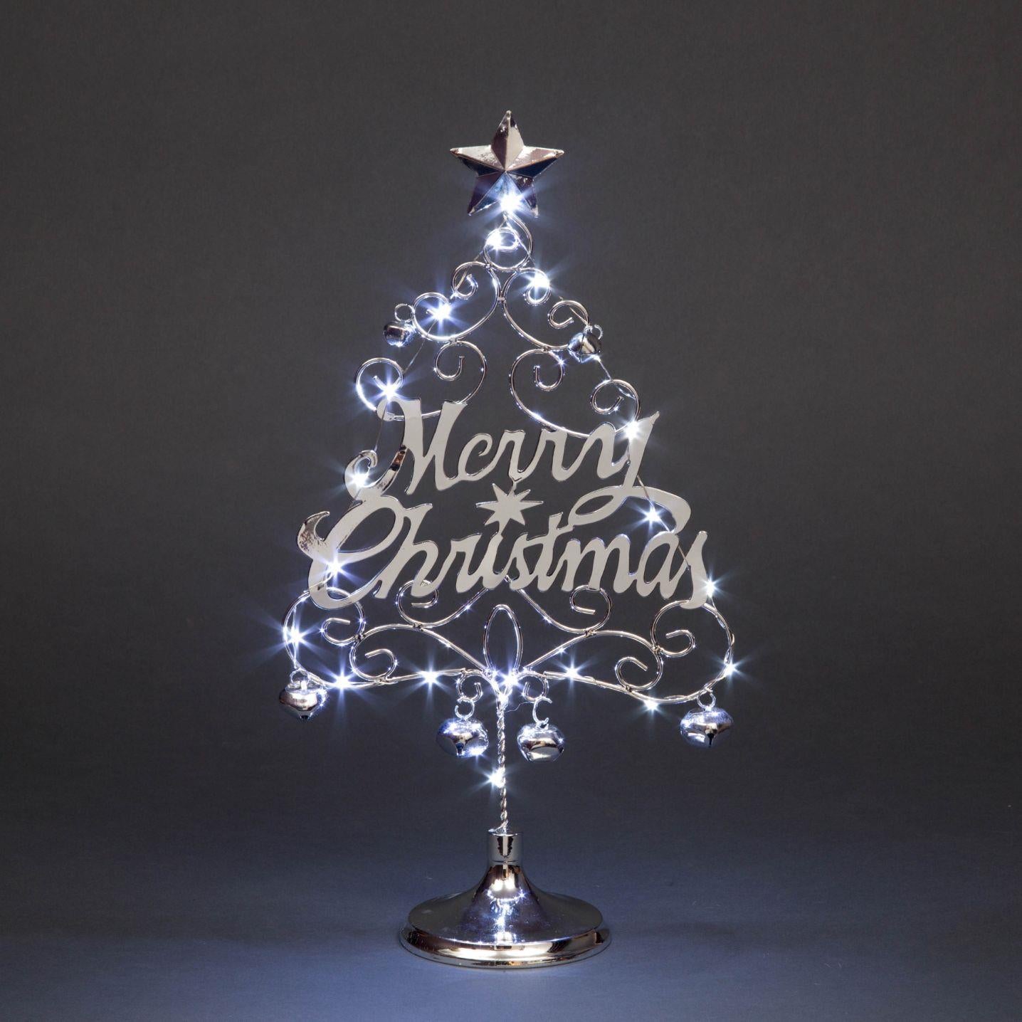 17.5 Inch Pre-Lit LED Merry Christmas Table Top Tree - Silver with Bells