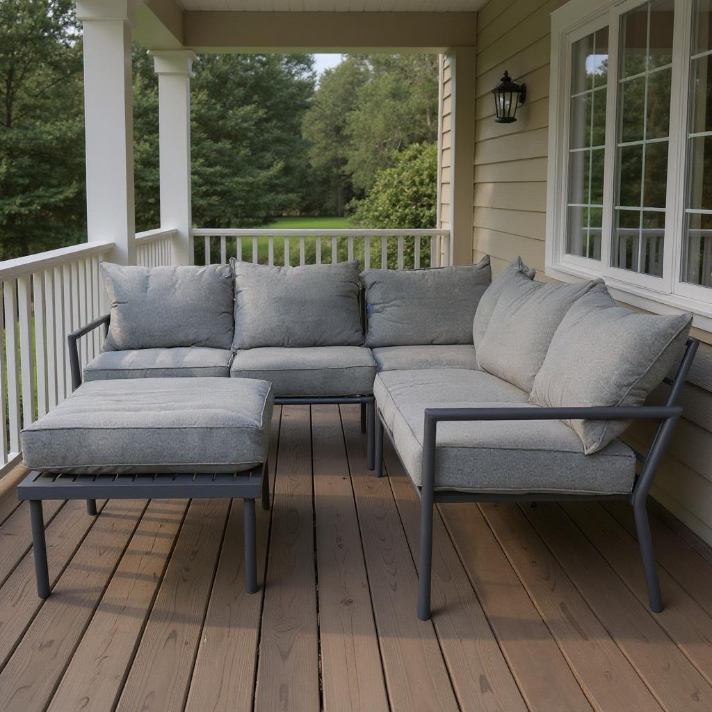 Marseilles Corner Sofa 5 Seater Outdoor Conversation Set w/ Loveseats, Ottoman Table Grey
