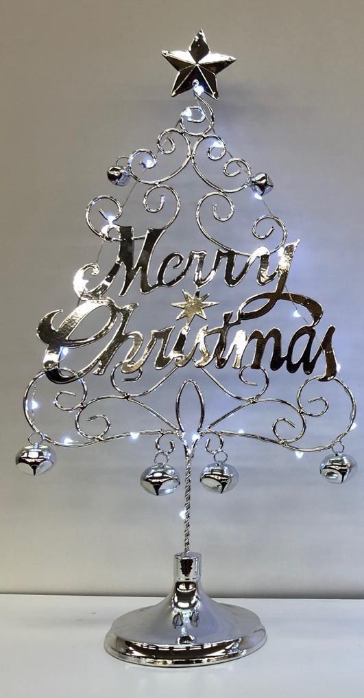 14" Pre-Lit LED Merry Christmas Tree with Bells, Silver