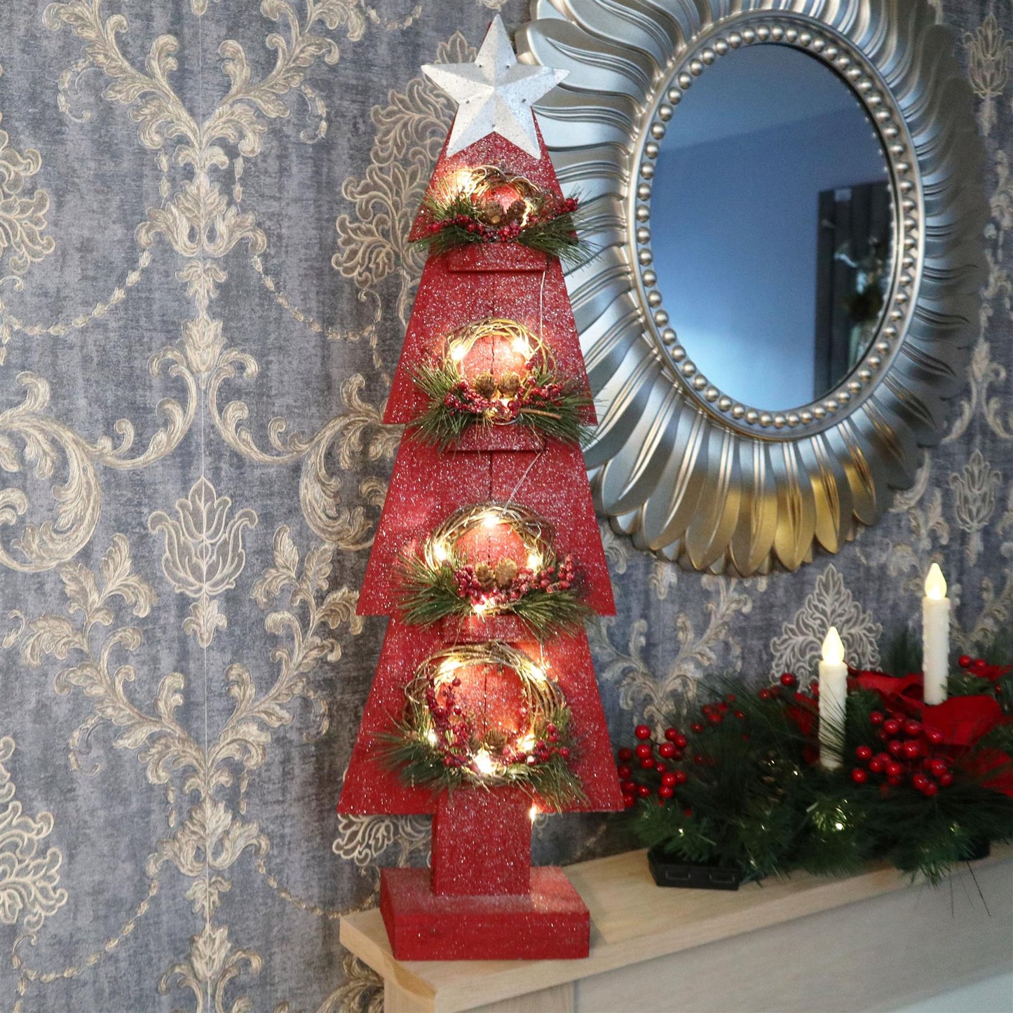 Red Wooden Tree with Bulbs - 25x10x80cm