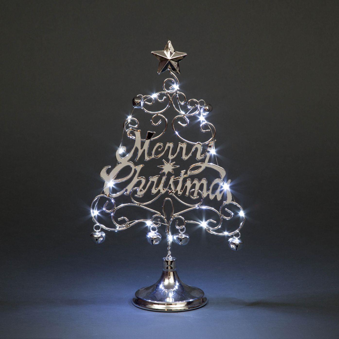 14" Pre-Lit LED Merry Christmas Tree with Bells, Silver