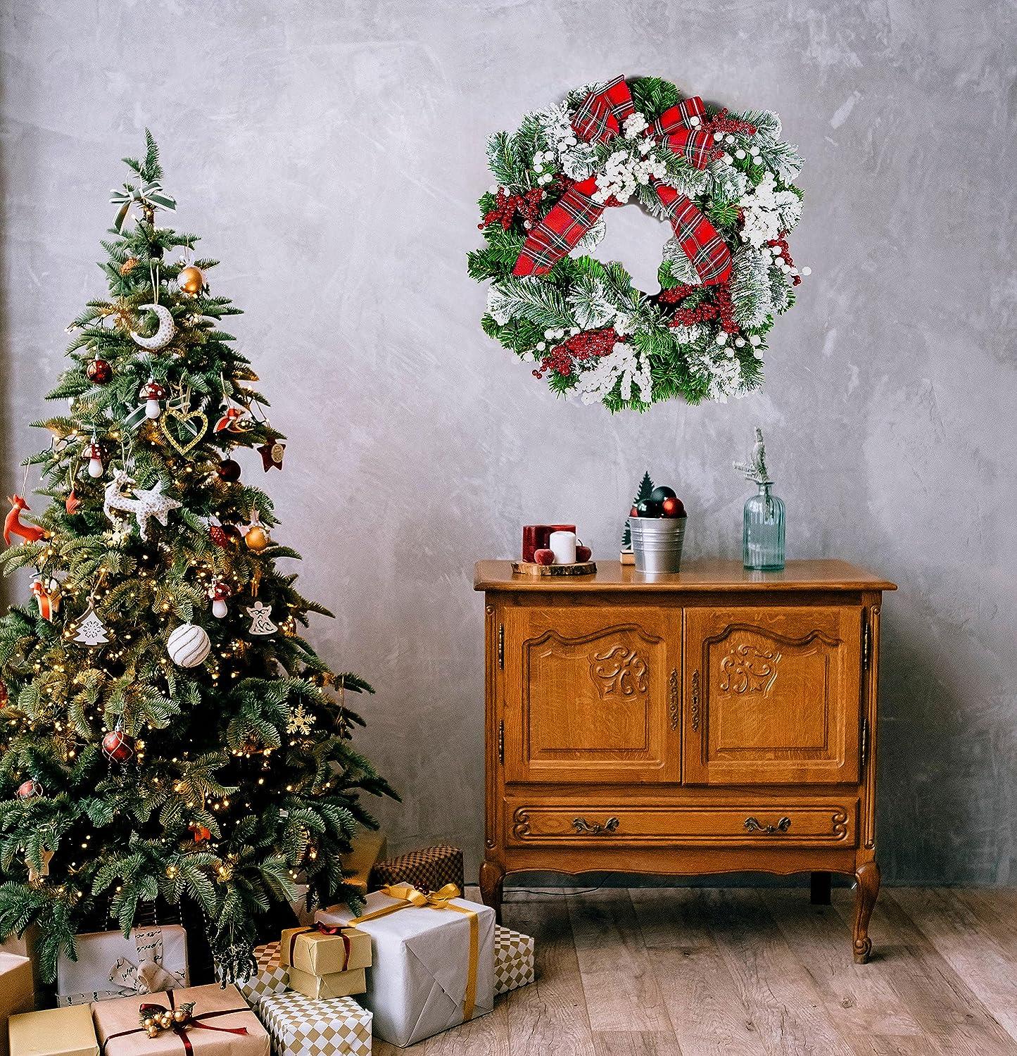 60cm Pre-lit Frosted/Tartan Ribbon Wreath with 50 Warm White LEDs
