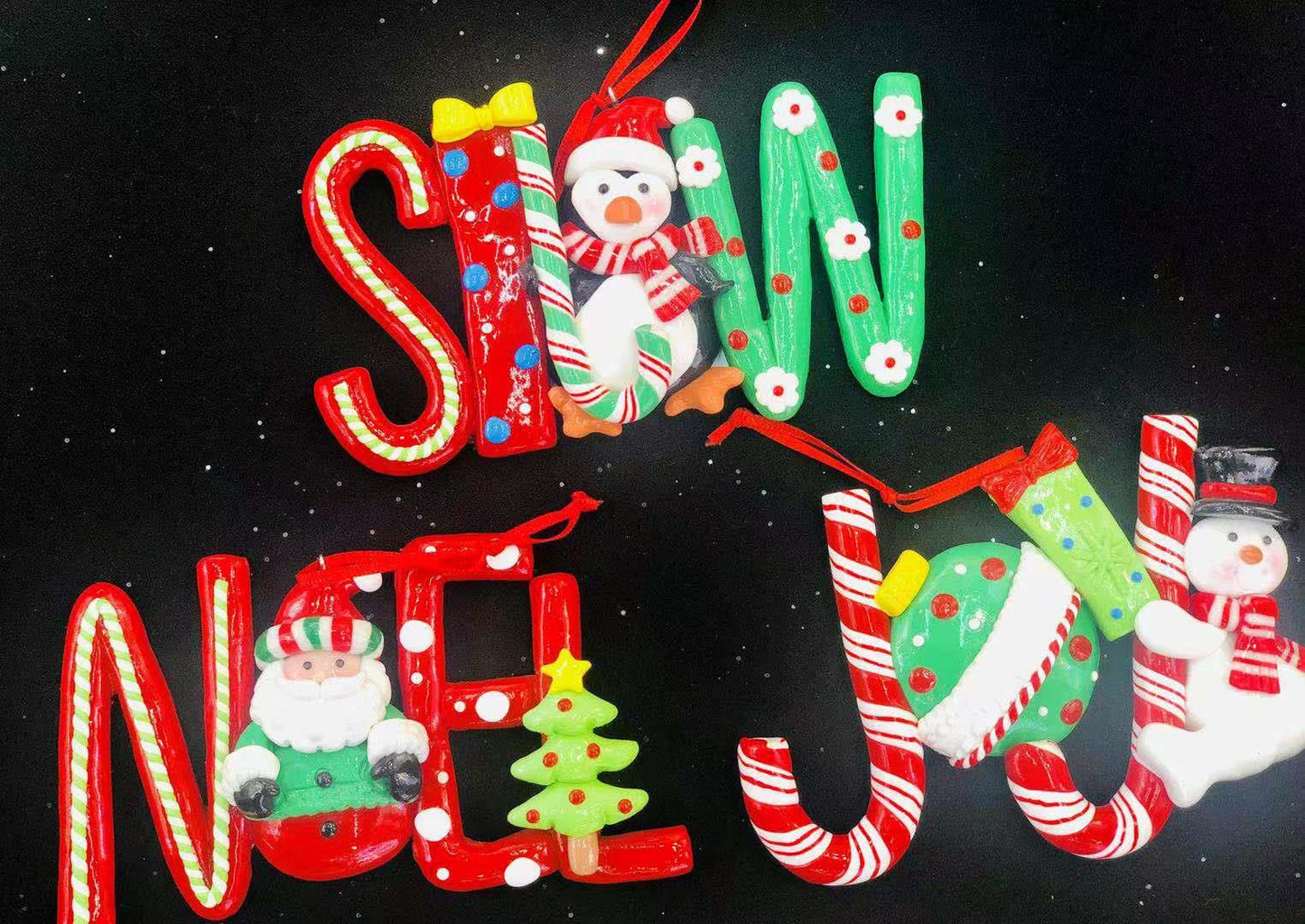 Christmas Hanging Decoration - 3Pcs Ceramic Candy Cane Joy, Noel, Snow