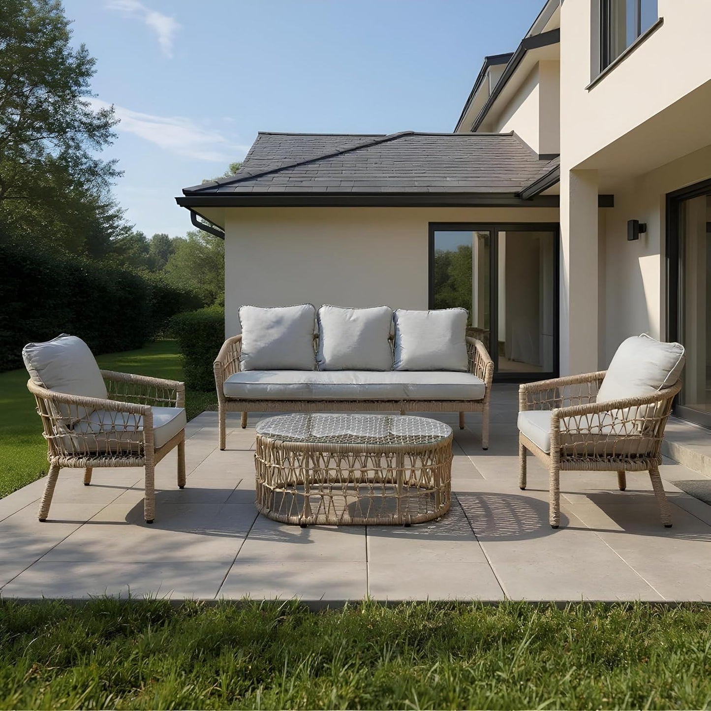 4Pcs Capri 5 Seater Sofa Set Natural Woven Rattan - Sofa, Table, Chairs
