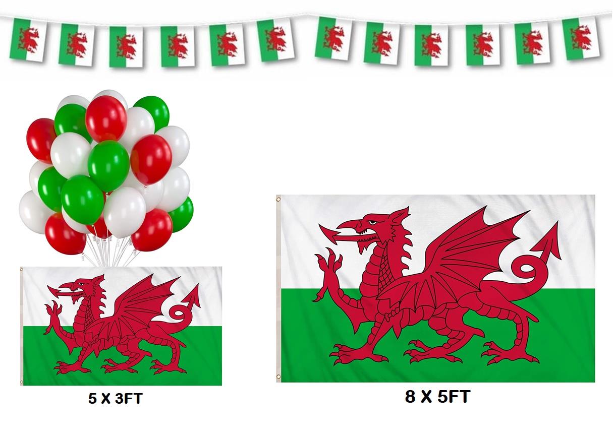 Wales Party Pack Total 28Pcs Including 8x5 Flag , 5x3 Flag , 10m/25flags Square Bunting and 25 Pcs RGW Balloons