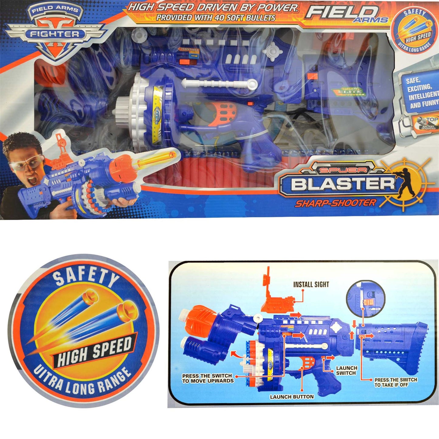 Nerf Style Foam Dart Bullet Gun - 40 Bullets with Glasses