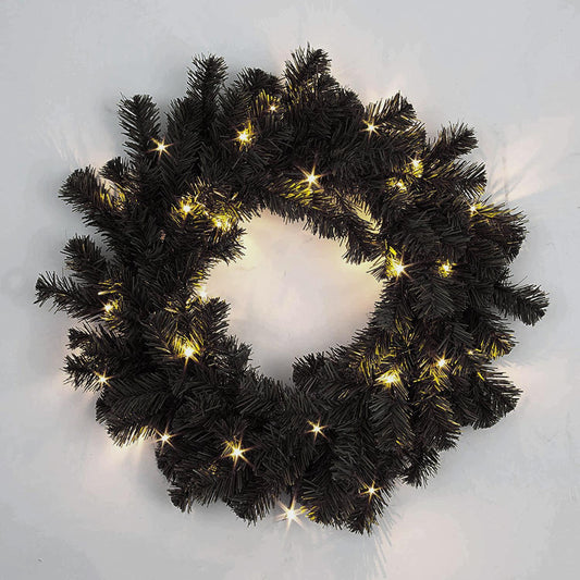 55cm Pre-Lit Black Wreath