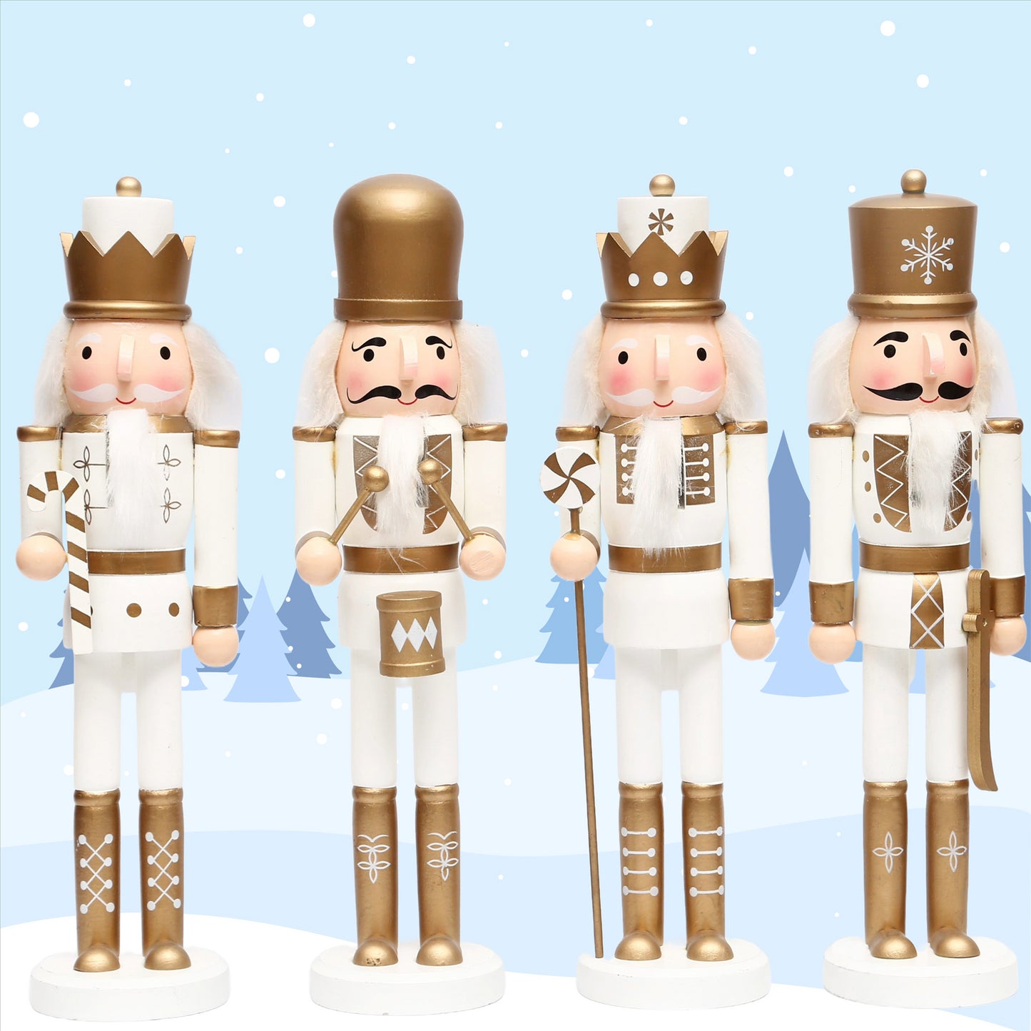 36cm Gold & White Wooden Nutcrackers - 4 Pcs Set