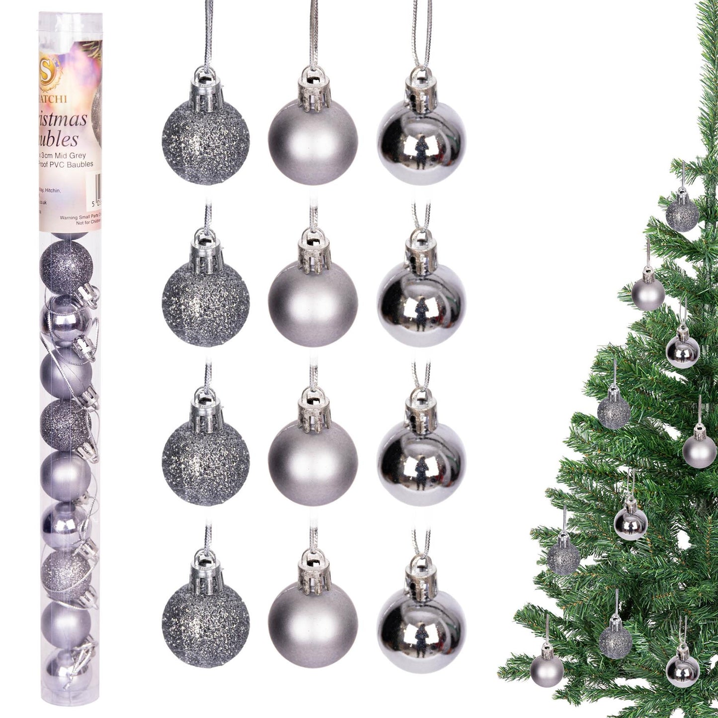 12 Mid Grey Baubles 3cm PVC Set