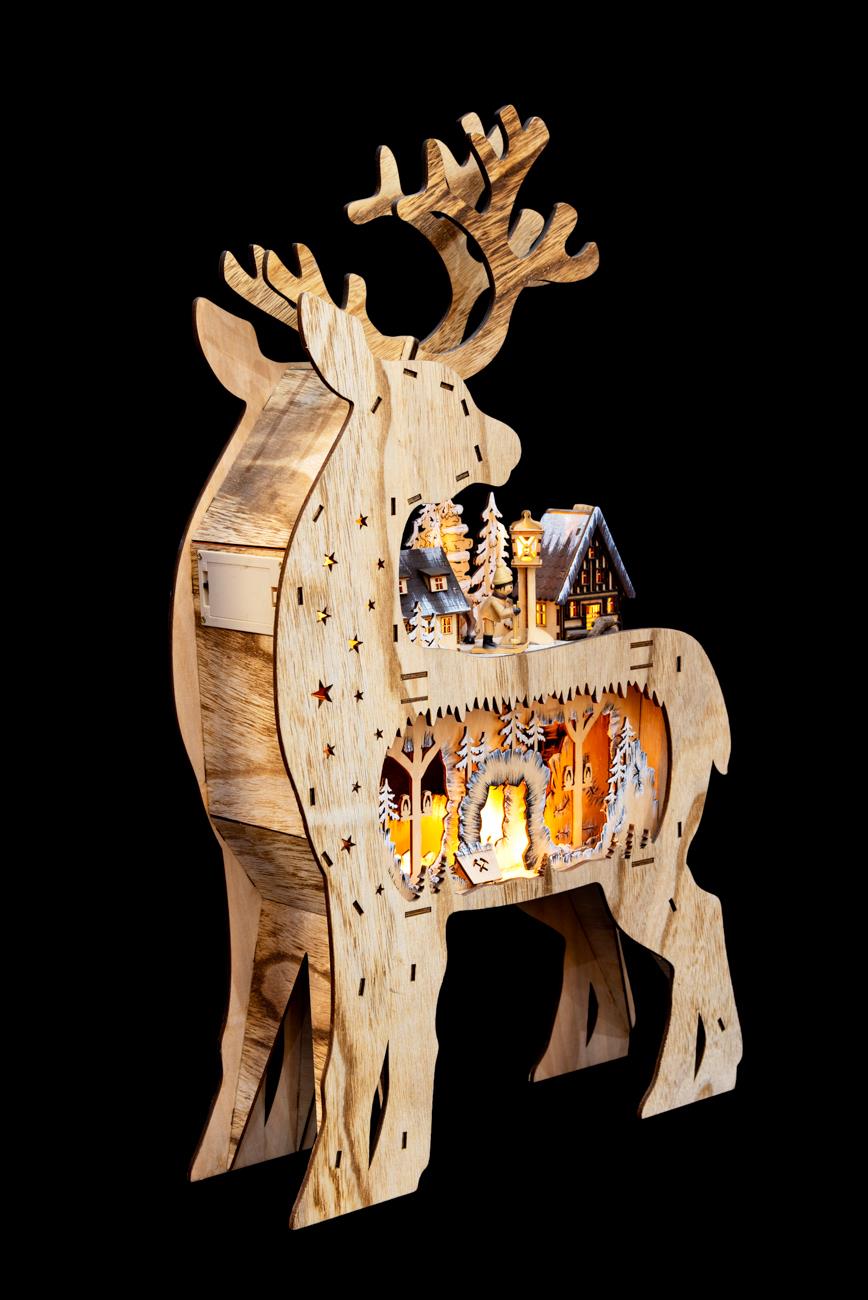 Laser Cut Reindeer LED Wooden Decoration - Battery Operated