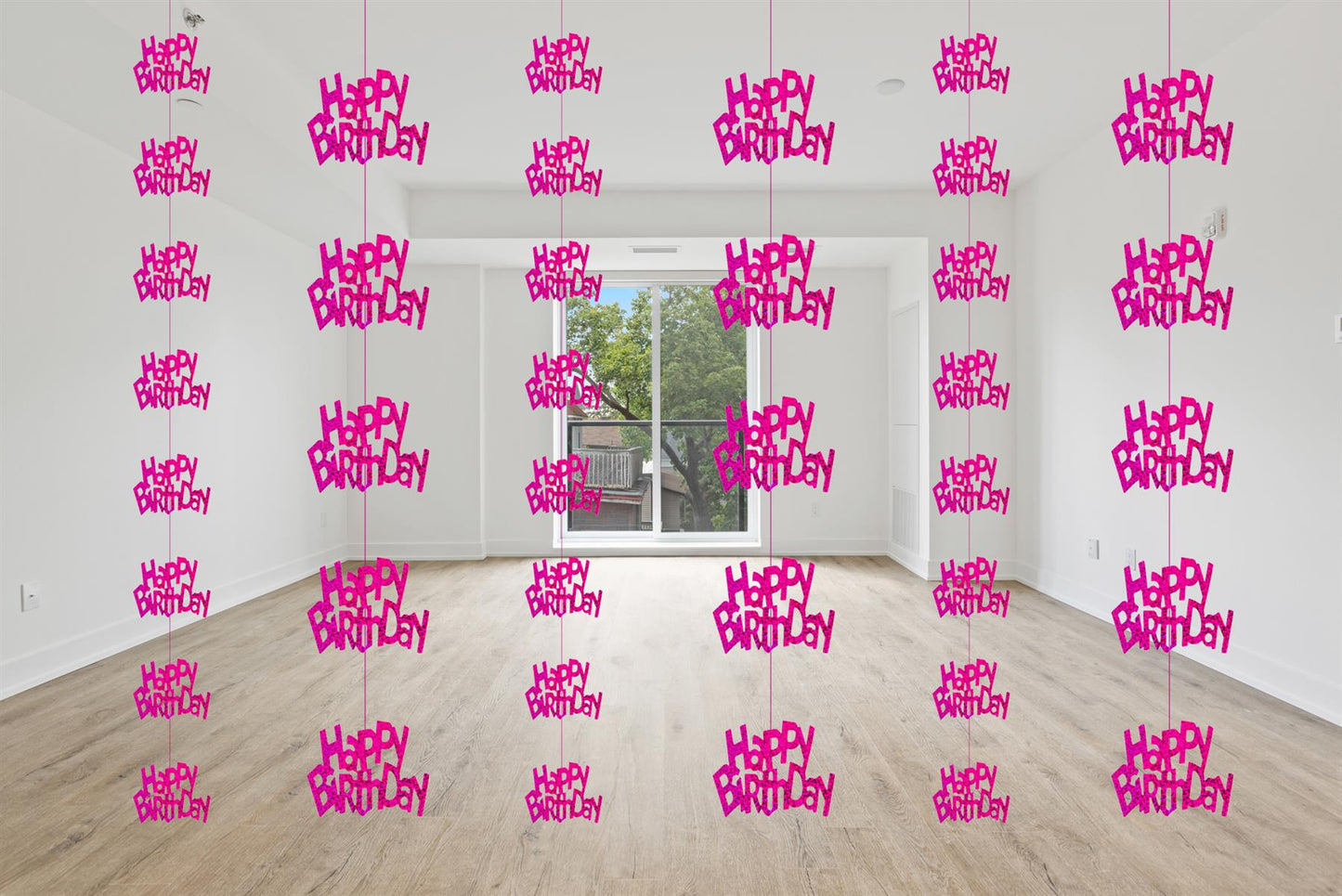 6 Happy Birthday Pink Hanging Decorations - Foil Metallic