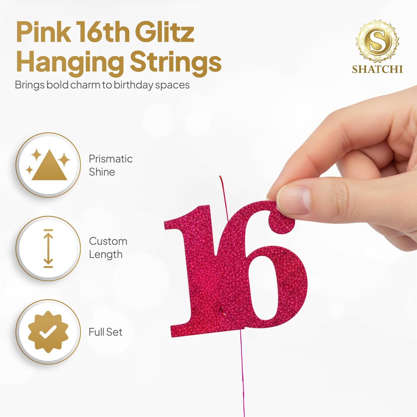 Shatchi 16th Glitz Pink Foil Hanging String Party Decorations Pack of 6